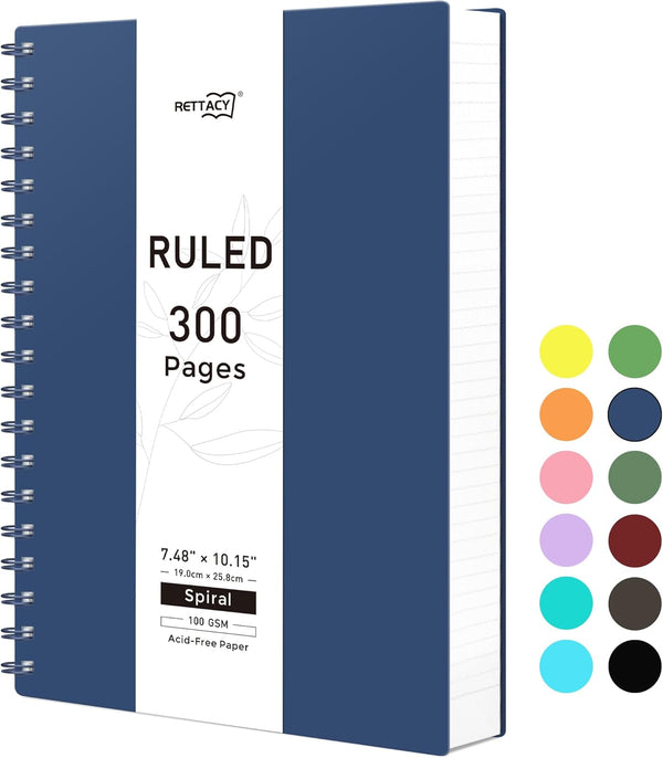 RETTACY Spiral Notebook, B5 College Ruled, 300 Pages, 100 GSM Premium Acid-Free Paper, Twin-Wire Binding, 7.48" ×