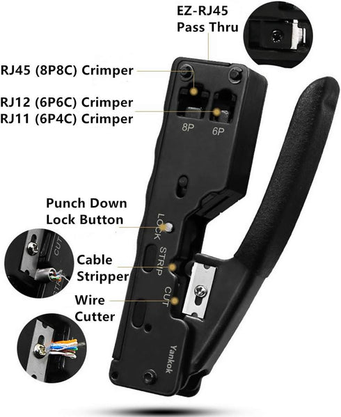 Yankok Pass Through Crimper for RJ45 Pass-thru and RJ45 RJ12 RJ11 8P 6P Regular Network Connectors