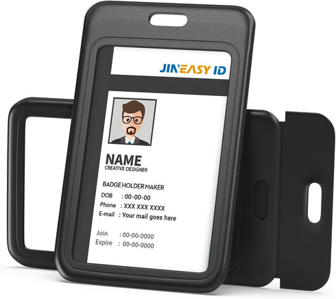 JINEASY ID 2 Pack Hard Plastic ID Badge Holder, Vertical Card Holder for Work Key Cards, Heavy Duty, Black