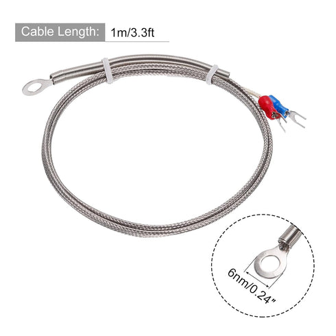 MECCANIXITY K Type Thermocouple Temperature Sensor PT100 6mm Ring High Temperature Probe 3.3ft Wire 0 to 600°C(32 to 1112°F) Stainless Steel
