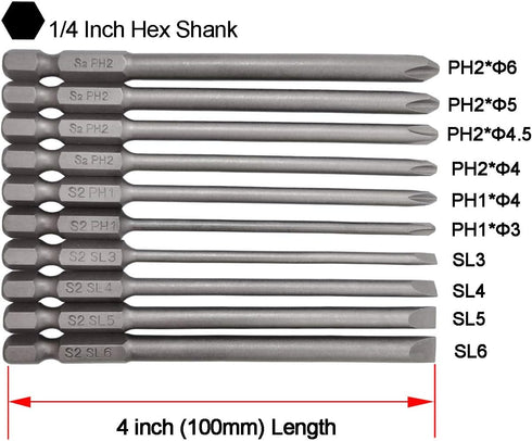 Long Slotted Head and Cross Phillips Screwdriver Bit Sets, 10Pcs with 1/4 Inch Hex Shank, 4 Inch Length
