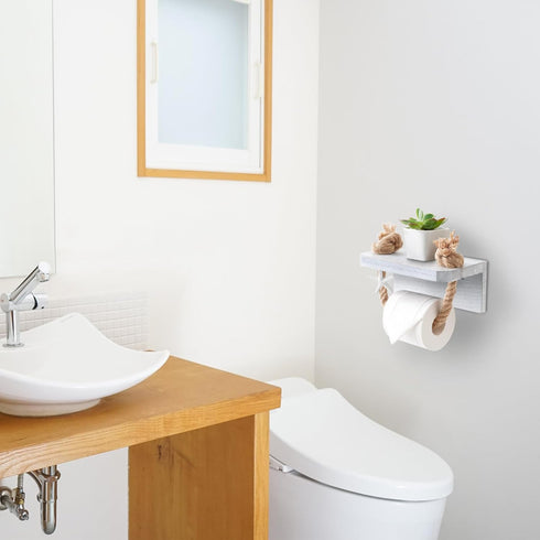 Farmhouse Toilet Paper Holder - Beach Toilet Paper Roll Holder Nautical Rope Starfish Towel Rack with White Shelf, Wall