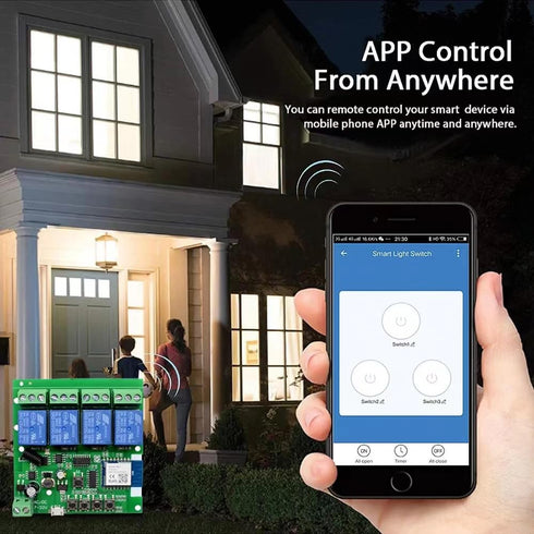 Tuya Smart Life WiFi Momentary Inching Relay Module, 4CH Smart Life, DC 7-32V/USB 5V, Compatible with Alexa Google Home