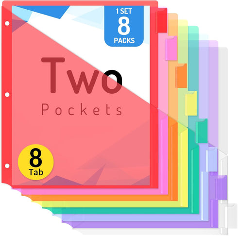 Forvencer 8 Pack Dividers with Pockets, 8 Tab Dividers for 3 Ring Binder, Premium Quality