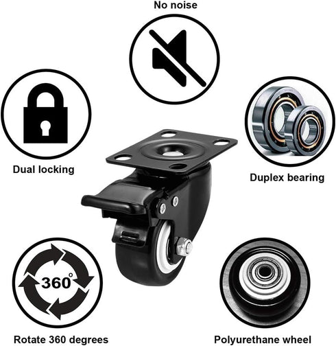 Caster Wheels Set of 4 Heavy Duty 2 Inch Locking Casters, Swivel with Brake, Non-Marking Black Castor Wheels