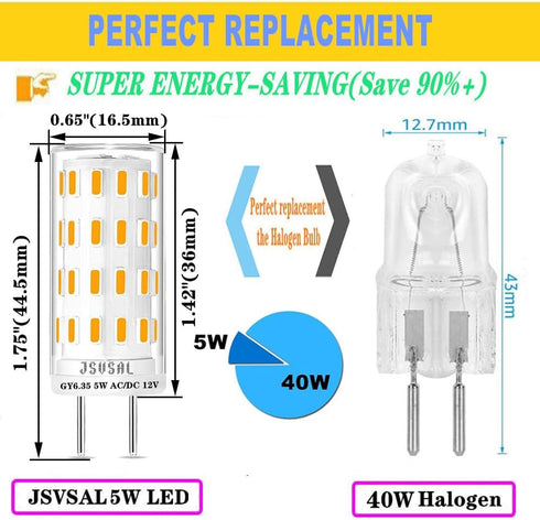 GY6.35 Bulb Dimmable,T4 GY6.35/G6.35 12V 2700K 5W 40-50W Bulb Lighting,6-Pack LED JC Type Bi-pin Base,AC/DC Warm White