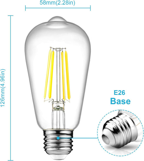 Ascher Dimmable Vintage LED Edison Bulbs, 6W, Equivalent 60W, Bright Daylight White 4000K, 80+ CRI, ST58 Antique LED Filament Bulbs, E26 Medium Base, Clear Glass, Pack of 4 by Ascher