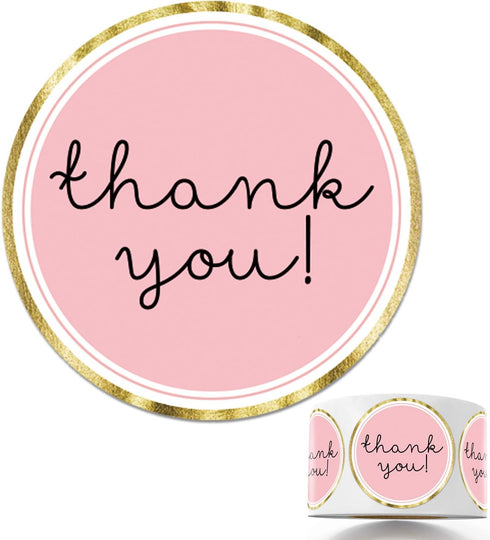 Chic Gold Thank You Labels, Round Pink Adhesive Stickers, 1.4 Inch, 500 Pack