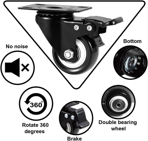 2" Caster Wheels Set of 4, Heavy Duty with Brake, No Noise Locking Polyurethane (PU) Wheels