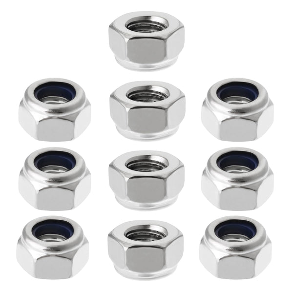 10Pcs M8 x 1.25mm Nylon Insert Hex Lock Nuts, 316 Stainless Steel for Machinery Shipbuilding, Silver Tone