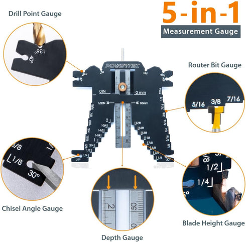 5-in-1 Setting (80023) POWERTEC Universal Step Depth Gauge for Measuring Chisel Angles, Drill Points, and Router Bit