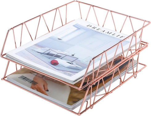 PAG Set of 2 Metal Stackable File Document Letter Tray Organizer for Desk, Rose Gold Office Supplies
