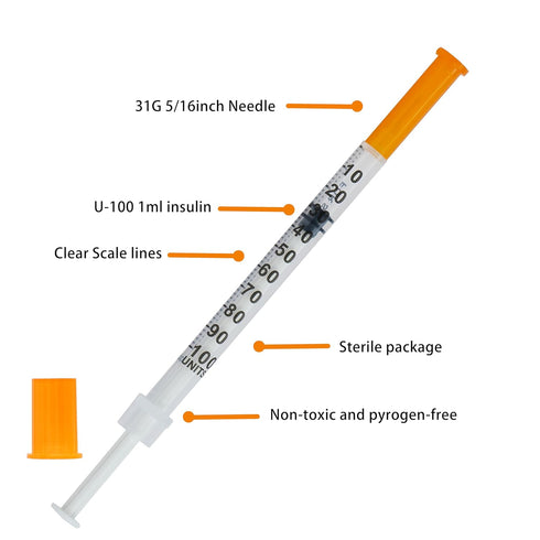 Disposable Syringes with Needle, U-100 31G 1ml 5/16 Inch (8mm) - 100 ct Box, Size: 1cc Syringe
