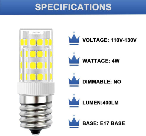 E17 LED Bulb, 4W Daylight White 6000K, Non-Dimmable, Appliance Bulb Under Microwave Oven, 2-Pack