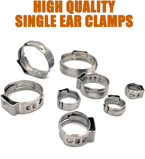 ISPINNER 80pcs 304 Stainless Steel Single Ear Stepless Hose Clamps, 5.8-23.5mm for Automotive Use