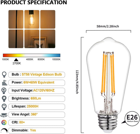 BORT ST58/ST19 Vintage LED Edison Bulbs, Warm White 2700K, Dimmable 6W Edison Light Bulbs, 60W Equivalent, 700LM, E26 Standard Base Filament LED Bulb, Clear Plastic - 12Pack by BORT