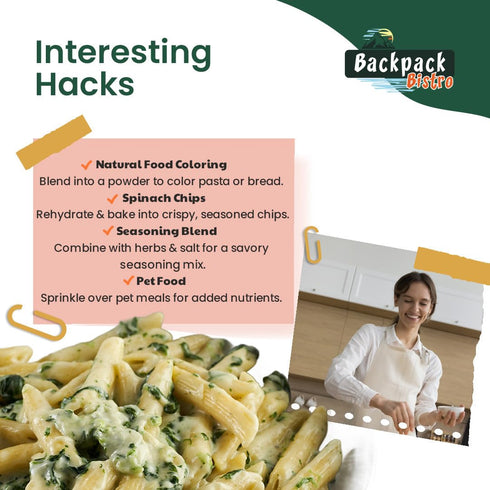 Backpack 5.99 oz (170 Bistro Dehydrated Finely Chopped Spinach g) | Emergency Food, Everyday & Camping Cooking | Dried