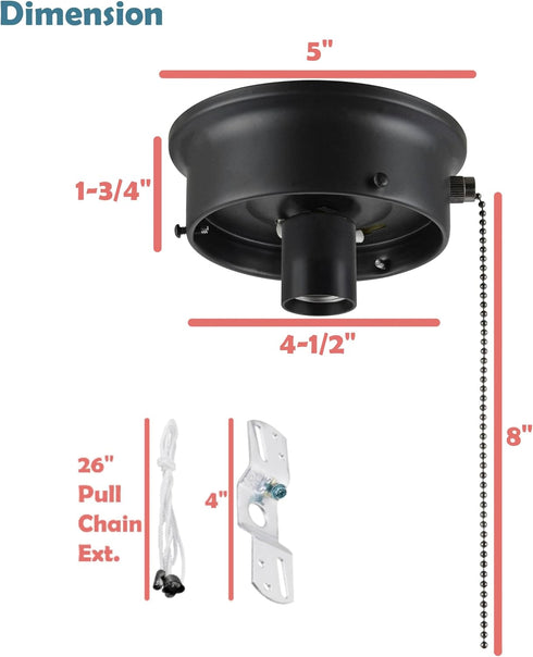 Aspen Creative 22104-01-1, 4-1/2" 5" 1-3/4" Flush Mount Ceiling Fixture Shade Holder Kit with On/Off Pull Chain Switch