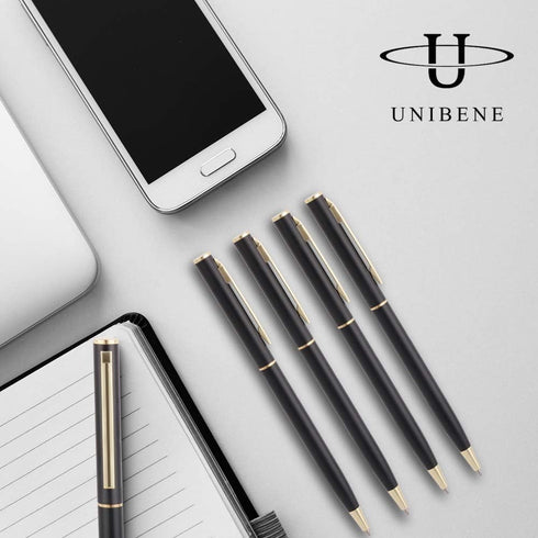 Unibene 6 Pack Slim Gold Ballpoint Pens - Matte Black and Gold Metallic, 1.0mm Medium Point with 6 Refills