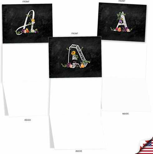 The Best Card Company - 10 Initial Letter A Assorted Blank Notecards, Floral Monogrammed Personal Stationery