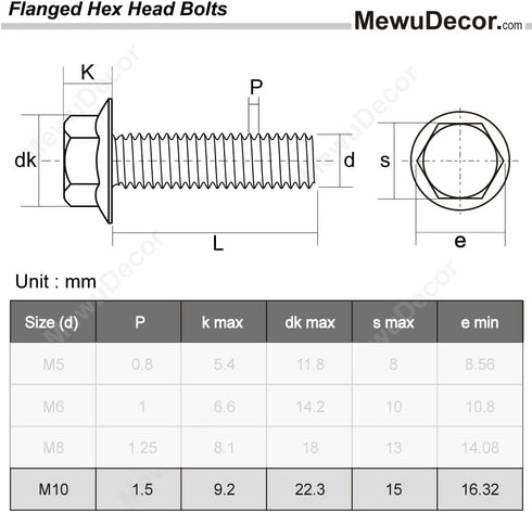 M10-1.5 x 40mm Flanged Hex Head Bolts, Stainless Steel 18-8 (304), Plain Finish, 5 PCS