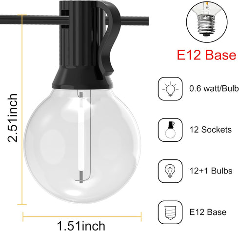 25FT, 12+1 G40 Bulbs, Outdoor String Lights Waterproof Patio Lights with Shatterproof Connectable Hanging Outdoor