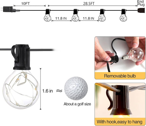Talltreepho G40 38.5Ft 30 Bulbs+3 IP65 LED Outdoor String Lights, Spare Waterproof, Non-connectable, Patio Bistro Porch
