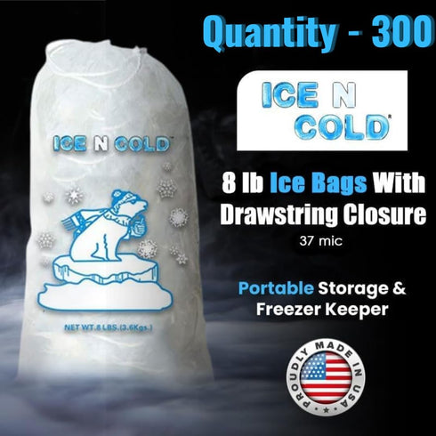 Ice Bags with Drawstring Closure, 8lb, 300ct/cs, 37 Mic Thickness, Portable Storage and Freezer Keeper