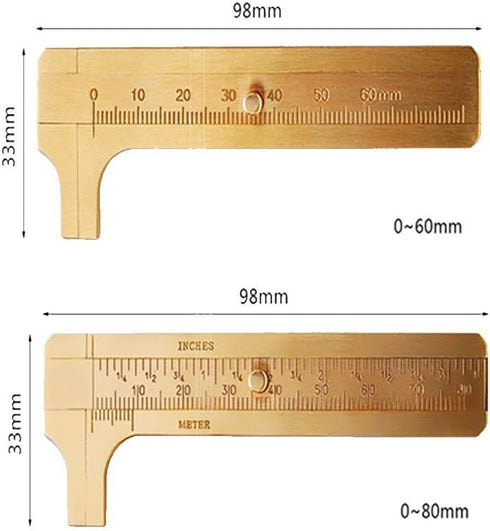 2pc Brass Mini Caliper Gauge, 80mm Sliding Metric and Inch Vernier Tool for Jewelry Measuring