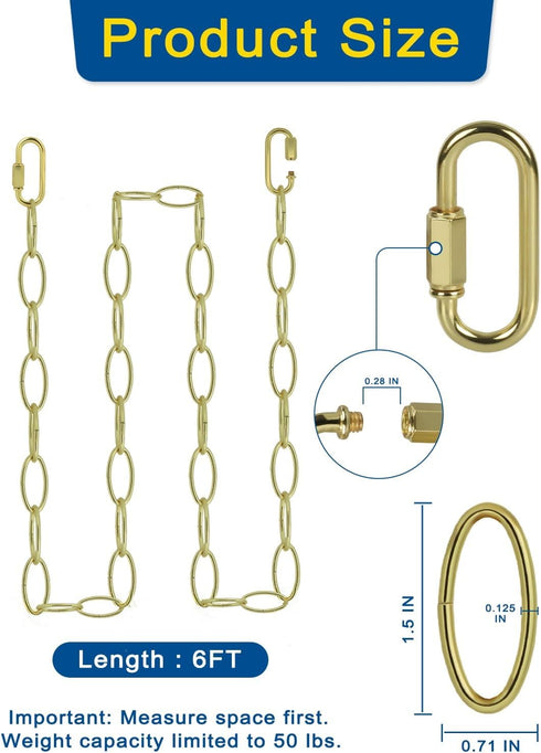 Kofuyni 6FT 72 Inches 2 Bright Gold Finish Chandelier Chain, Adjustable Pendant Light Fixture Metal Chain