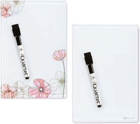 Quartet Glass Desktop Notepad, 9" x 6" Dry Erase Surface, Floral/White, 2 Pack