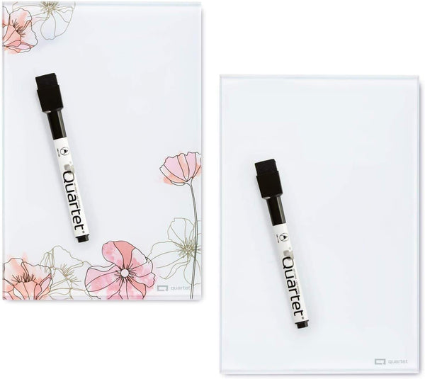 Quartet Glass Desktop Notepad, 9" x 6" Dry Erase Surface, Floral/White, 2 Pack