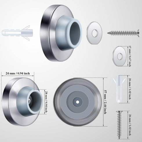 Pangda Concave Wall Door Bumper Stop, Silver Stainless Steel with Gray Round Rubber Protector, 6 Pieces