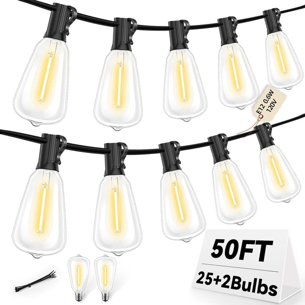 Hobbynors ST38 50FT LED Outdoor String Lights with 25+2 Spare Bulbs, E12 Socket,