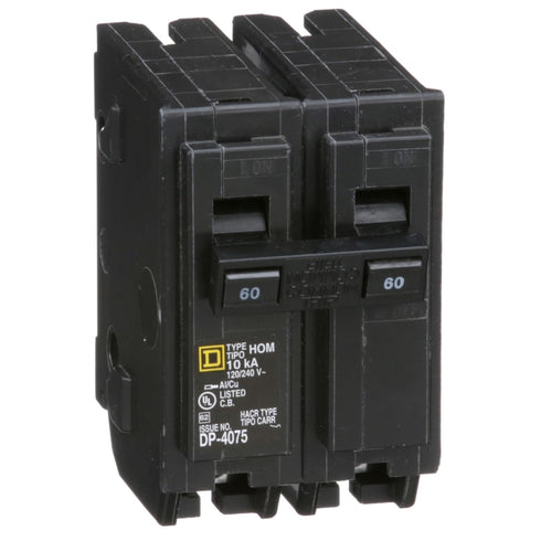Plug In Circuit Breaker, HOM, 2 Poles, 60 Amps, 120/240VAC, Standard