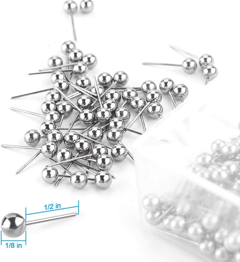 Yalis 200-count Retro Metallic Color Beads Head Push Pins, 1/8-Inch Map Tacks (Silver)