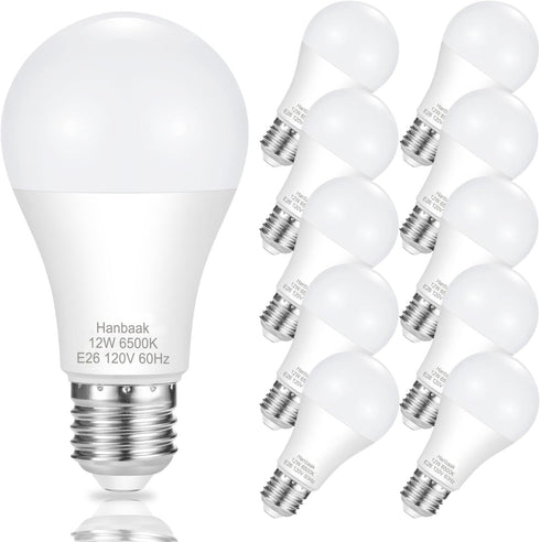 E26 LED Bulb, 100W Equivalent, 12W Medium Base, Non-Dimmable, Daylight White 6500K, 10 Pack