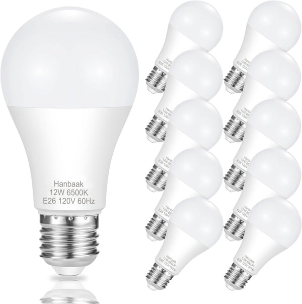 E26 LED Bulb, 100W Equivalent, 12W Medium Base, Non-Dimmable, Daylight White 6500K, 10 Pack