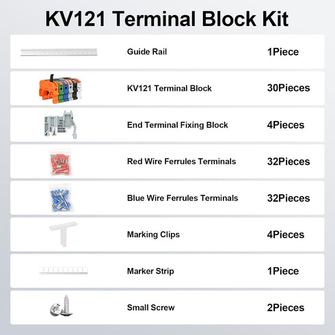 KV121 600V 32A 24-12 12.6 Terminal Block Kit, AWG Compact Lever Wire Connectors, DIN Rail Included, Quick Wiring