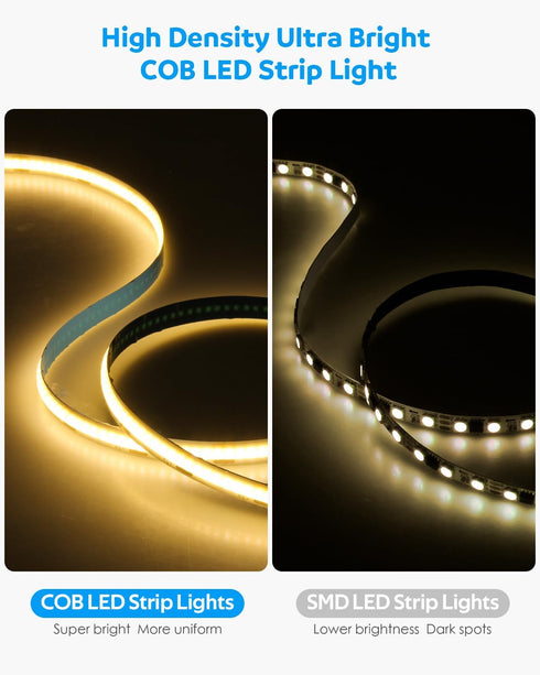 16.4FT/5M 1600Leds 8mm Dimmable CRI85+ 3000K Aclorol COB LED Strip Lights USB Powered Warm White Width COB Tape Light