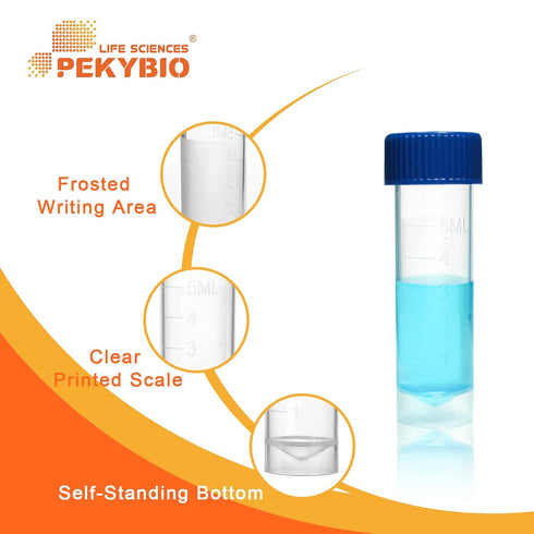 Sterile Plastic Graduated Test Tubes 5ml, Sample Storage Container with Screw Cap, Case of 50