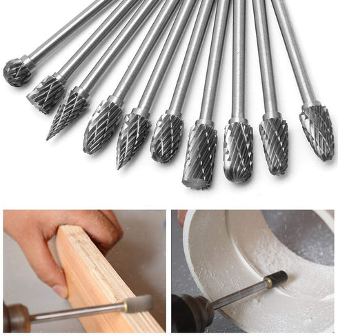 10pcs 3 mm (1/8 Inch) Tungsten Carbide Double Cut Rotary Burr Die Grinder Bits - Long Shank 100mm Fits Rotary Tool