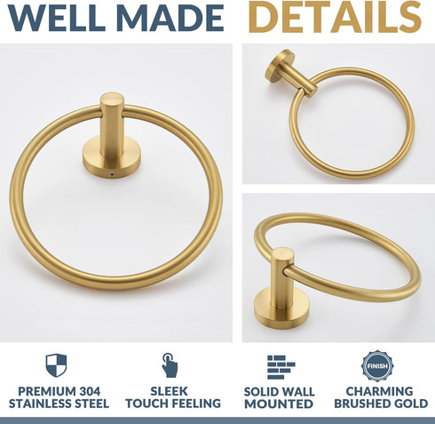 APLusee Hand Towel Ring, 304 Stainless Steel Round Towel Holder, Wall Mounted for Bathroom Kitchen, Brushed Gold