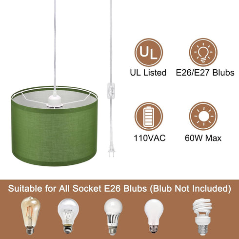 15Ft PATIKIL Plug in Pendant Light, Rope Cord Hanging Lamp Fixture Army Green