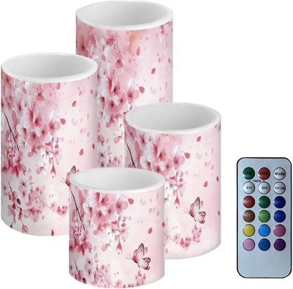 Cozeyat Pink Blossom Flameless Candles 4 Pack Battery Operated LED Pillar Candles with