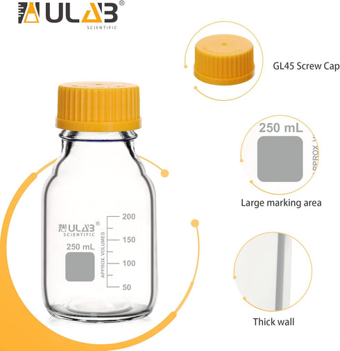 ULAB Round Media Storage Bottle, 500ml (16.9oz), 3.3 Borosilicate Glass Bottles with GL45 Screw Cap, Pack of 6