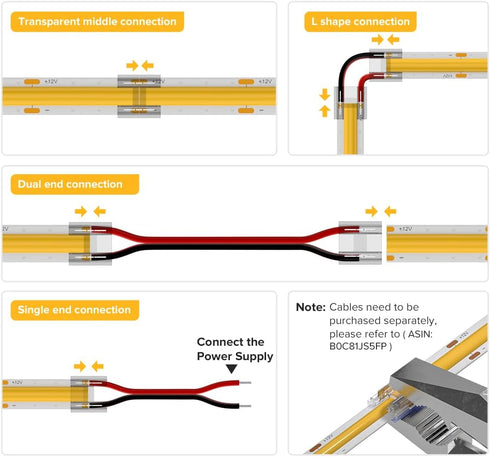 BTF-LIGHTING FCOB COB 50pcs 10mm Connector, Support FCOB 10mm Width 2 pin v+ v- Single Color LED Strip