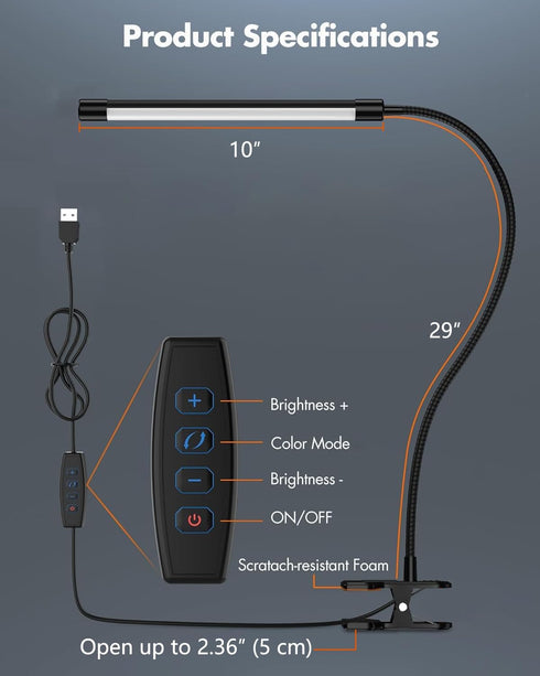 JHD LED Desk Lamp with Clamp, Adjustable 3 Modes, 10 Brightness Levels, USB Eye Caring Gooseneck Light, Black