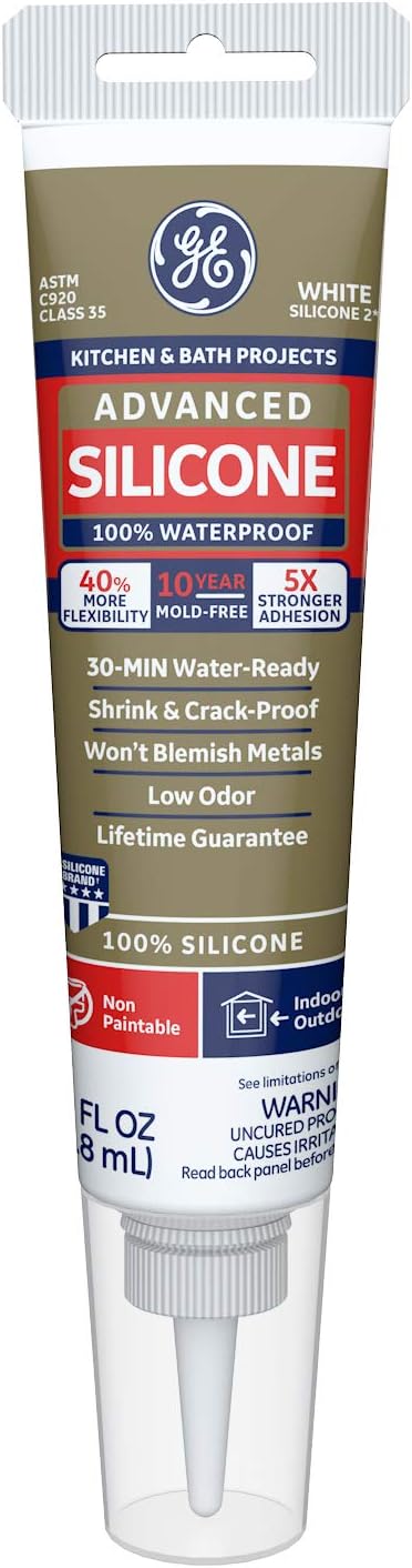 GE Sealants & Adhesives 281 Advanced Silicone 2 Kitchen & Bath Sealant, White, 2.8oz