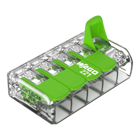 WAGO 221-425 Splicing Connector Green Range, 5-Conductor with levers for 24-12 AWG Conductors, Transparent housing (25